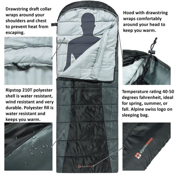 Alpine Swiss Sleeping Bag Adult Waterproof All Season Camping Backpacking Hiking - Picture 3 of 6